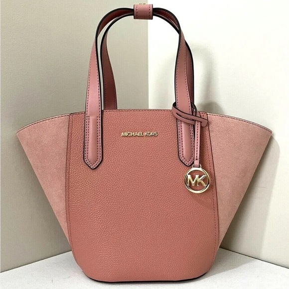 New Michael Kors Portia Small Tote Leather and Suede Sunset Rose - Picture 1 of 6